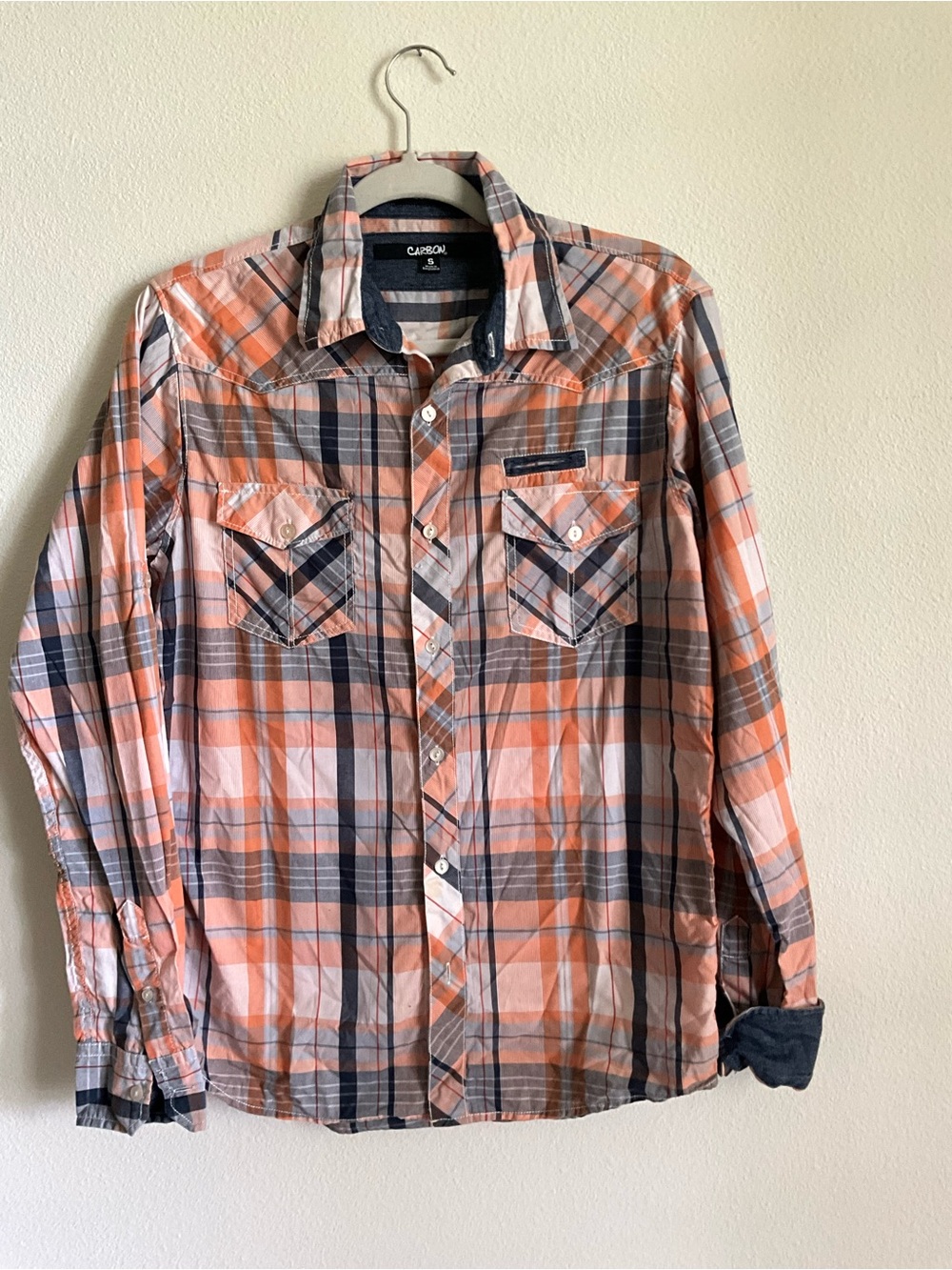 Carbon Men’s Orange Peach & Blue Gray Plaid Button-Down Shirt Small Fall